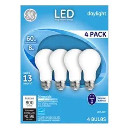 GE 4PK 8W DAY A19 BULB