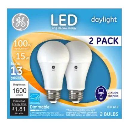 GE 2PK 15W DAY A19 BULB