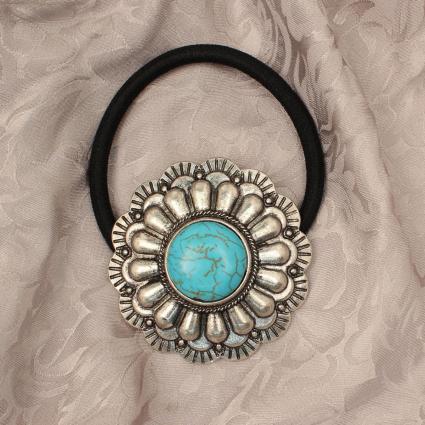 BR HAIR TIE SILVER FLORAL CONCHO