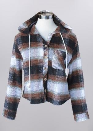 KH BROWN HOODED CROP FLANNEL