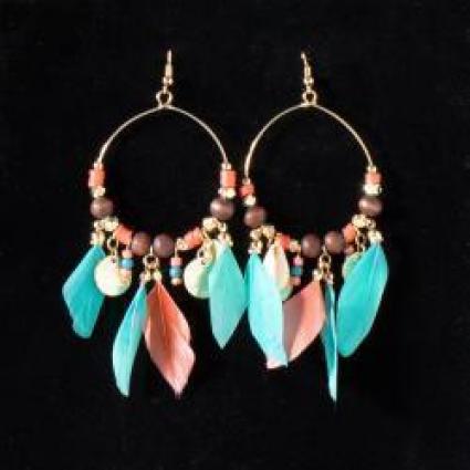 SS BEADED FEATHER HOOP EARRINGS